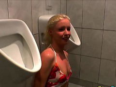 Piss slut drinks warm pee in urinal