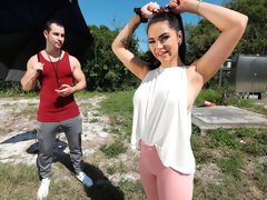 Black-haired chick MJ Fresh gives a gorgeous blowjob on the knees