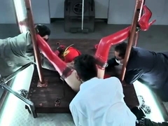 Helpless Asian girl in costume is made to release her juices