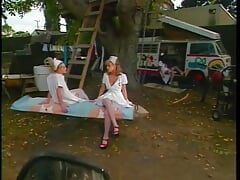 Three lesbian nurses eat pussy outdoors