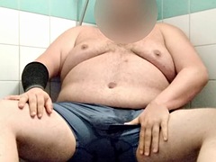 300 pound teacher pisses his pants and takes a golden shower and masturbates while sitting on the shower floor.