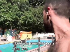 Latino studs fuck each other by the pool