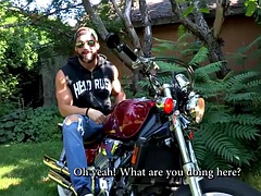 Maskurbate hardworking biker jerking off dick outdoors